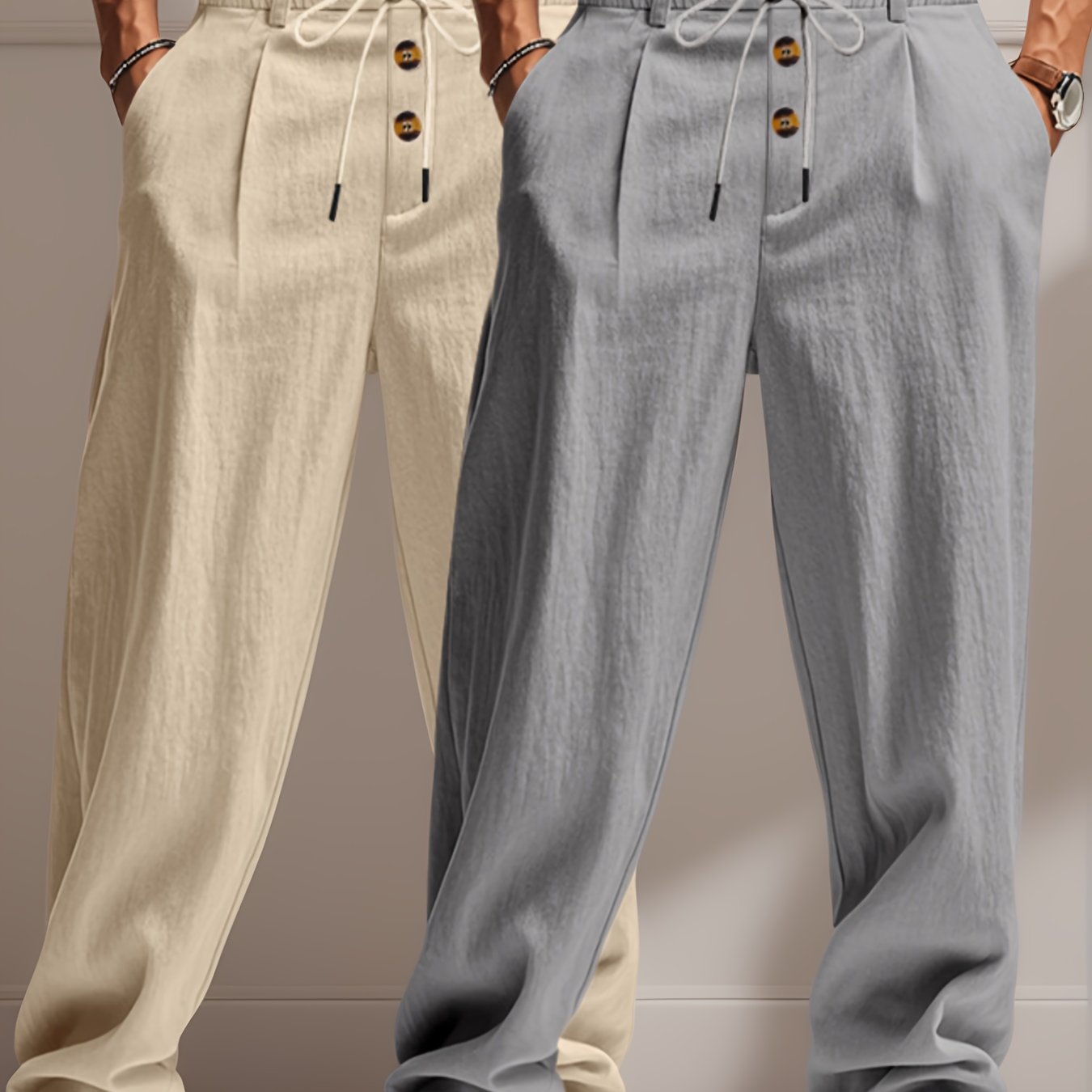 Pantalon Lin Homme Décontracté Beige Bleu