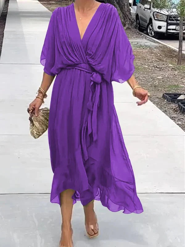 Monica™ – Robe Longue Femme en Mousseline de Soie Élégante Encolure en V