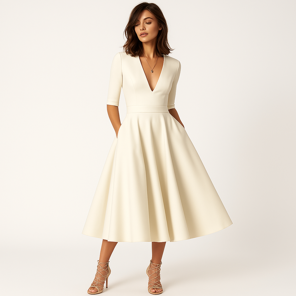 Robe Femme Chic Midi - Élégante Robe Beige Décolleté Profond pour Cérémonie - LuxeStyle