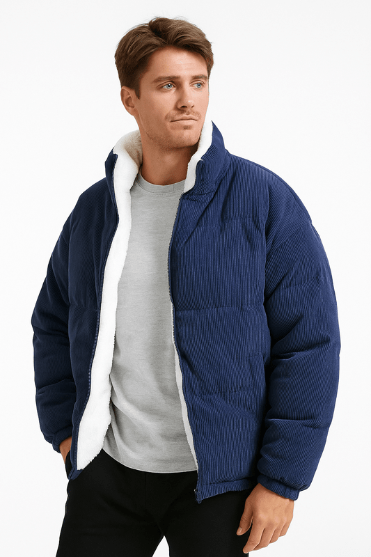 Veste Cuir Homme Élégant - Blouson Doublé Polaire Chaud avec Fermeture Éclair & Col Rond