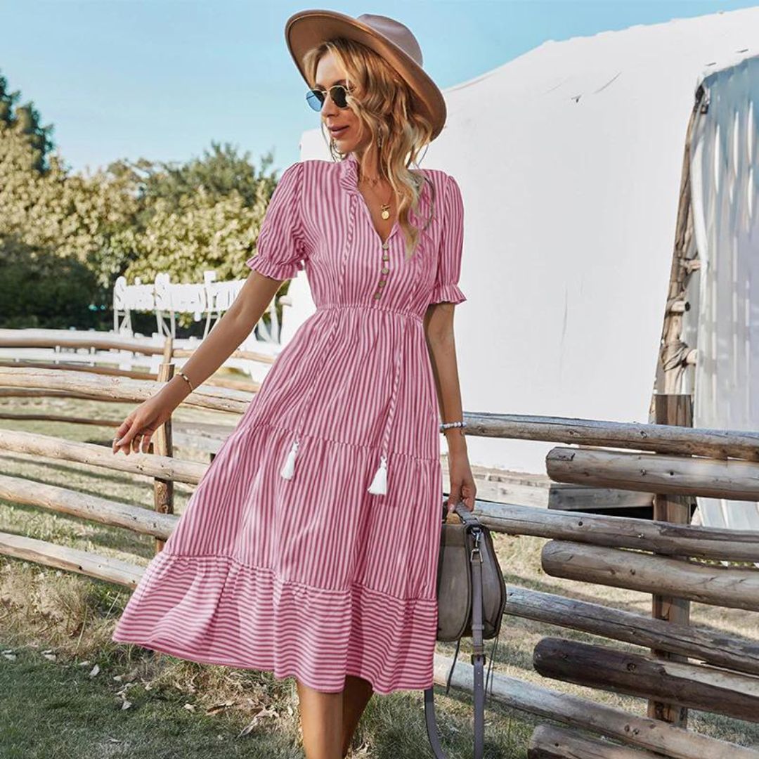 Pomelina™ – Robe Midi Femme Élégante avec Détails de Pompons et Rayures