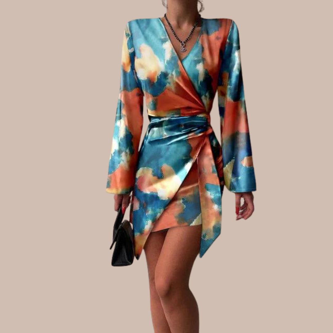 Robe Femme Imprimée Chic – Décolleté Profond, Manches Longues Sophistiquées