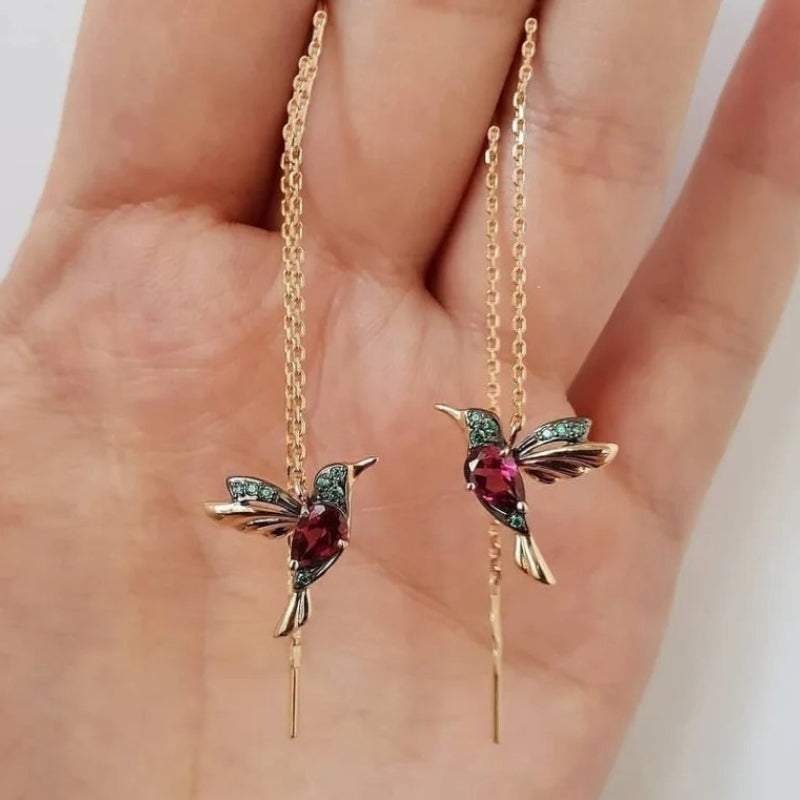 Boucles d'oreilles Colibri Élégantes avec Chaîne et Pierres