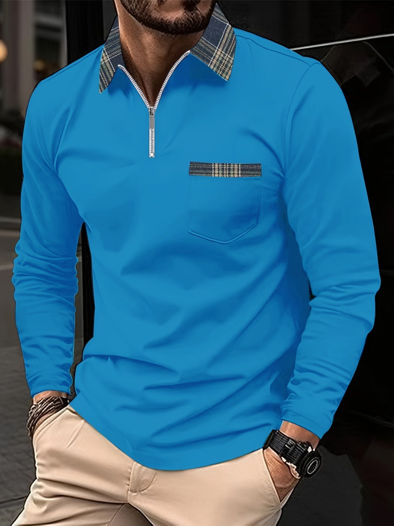 Polo Homme Manches Longues – Col Zippé Élégant Motif Écossais