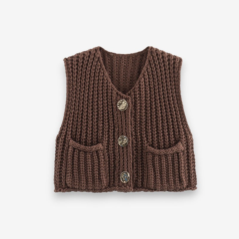 Gilet Femme Élégant Col V Boutonné