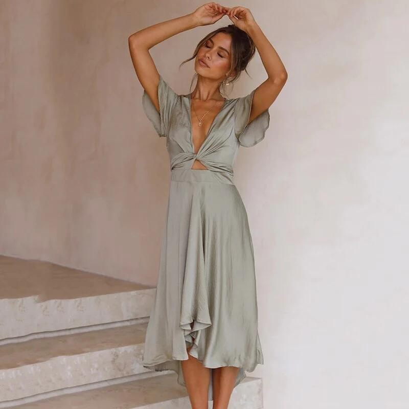 Rosalys™ – Robe Midi Femme Chic avec Lien à l'Avant et Volants Rose