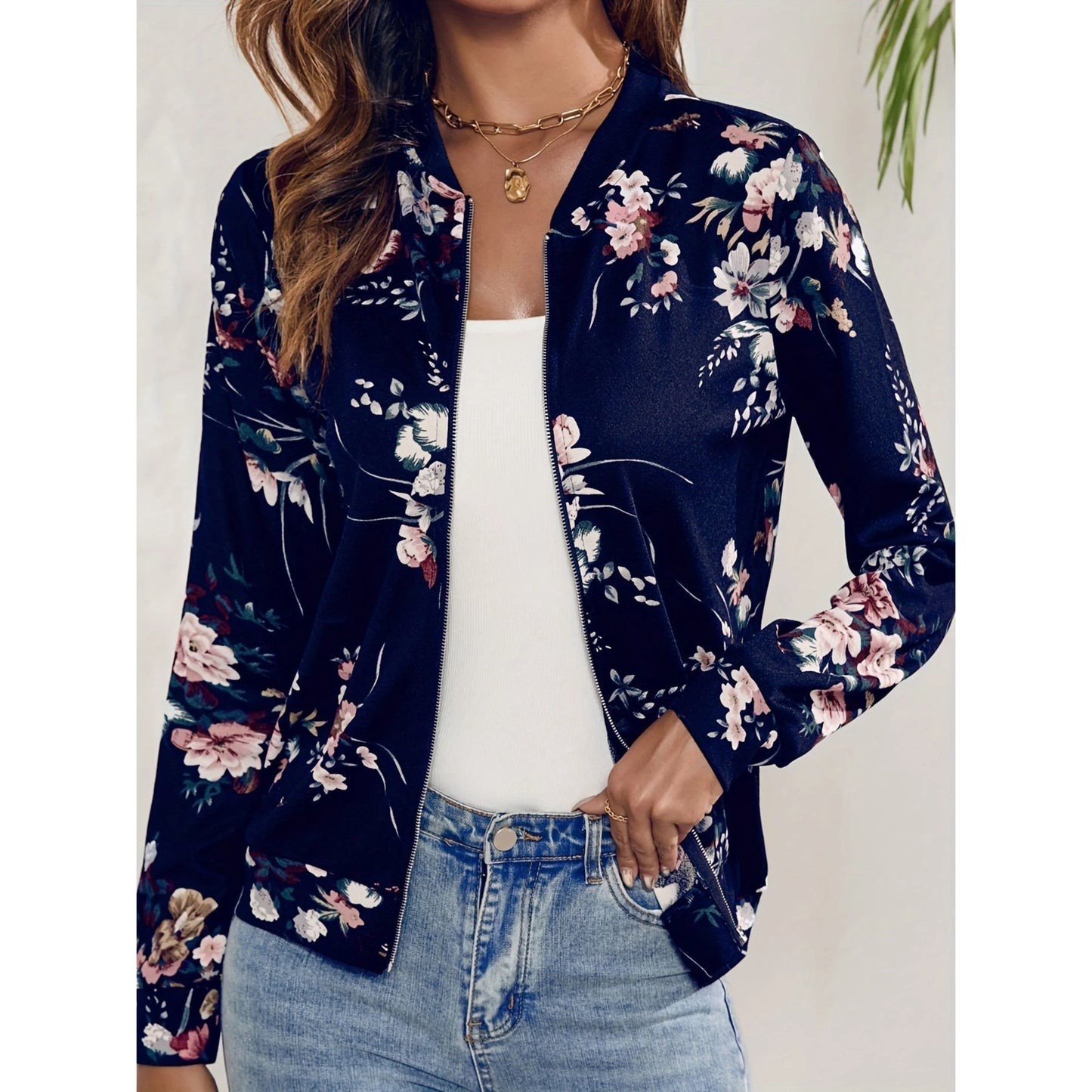 Veste Bomber Femmes Imprimé Floral Relaxe