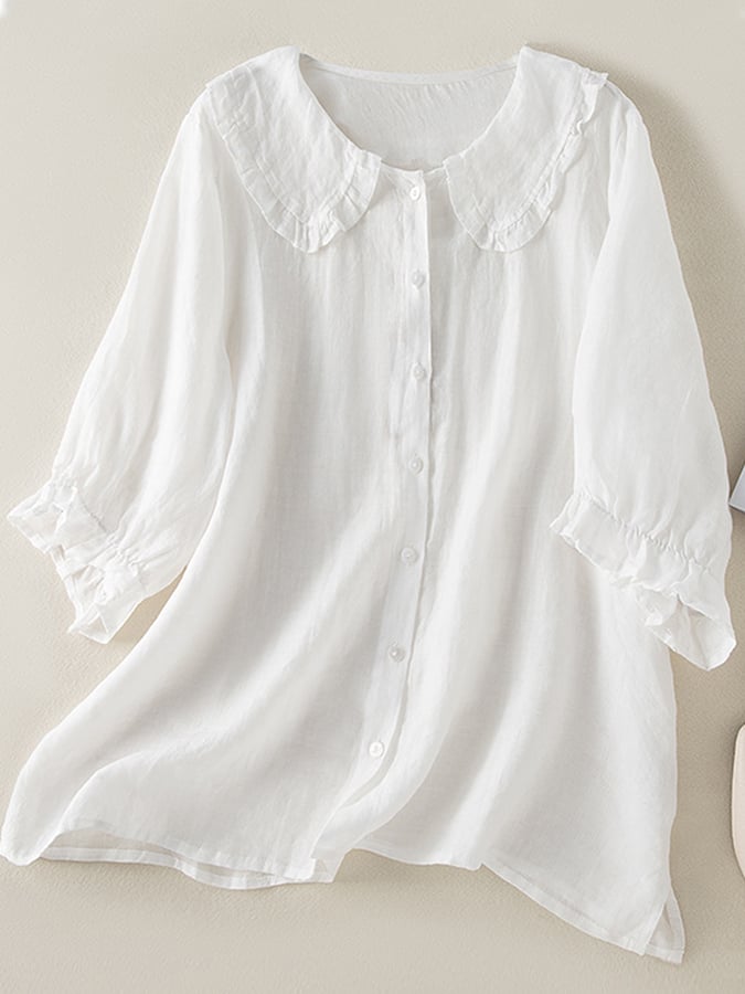 Blouse Féminine Élégante - Chemise Droite en Coton avec Col Rond Décoratif