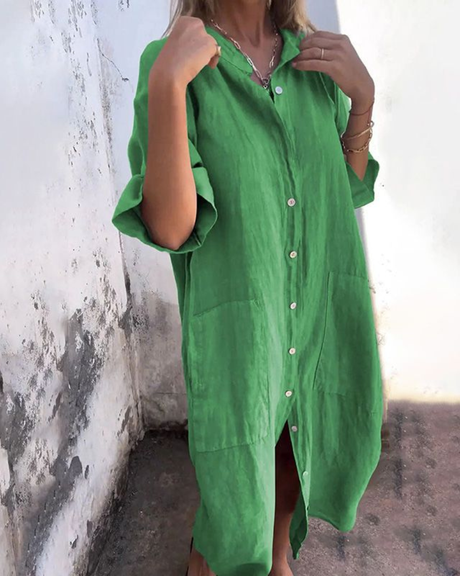 Robe Femme Élégante en Coton - Robe Chemisier Fluide avec Boutons et Ourlet Long