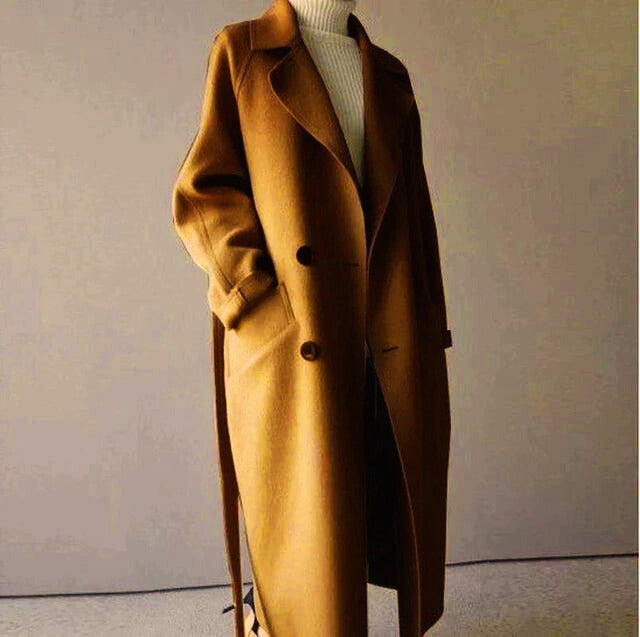 Manteau femme élégant en laine mi-long avec ceinture taille