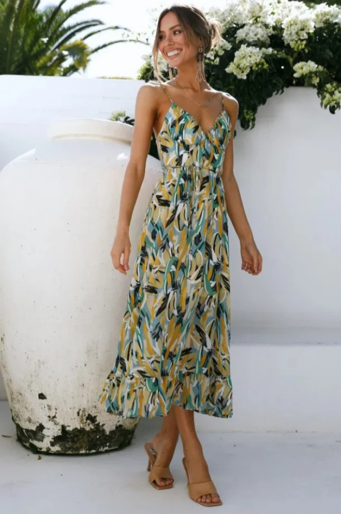 Robe Été Mi-Longue Col V pour Femme