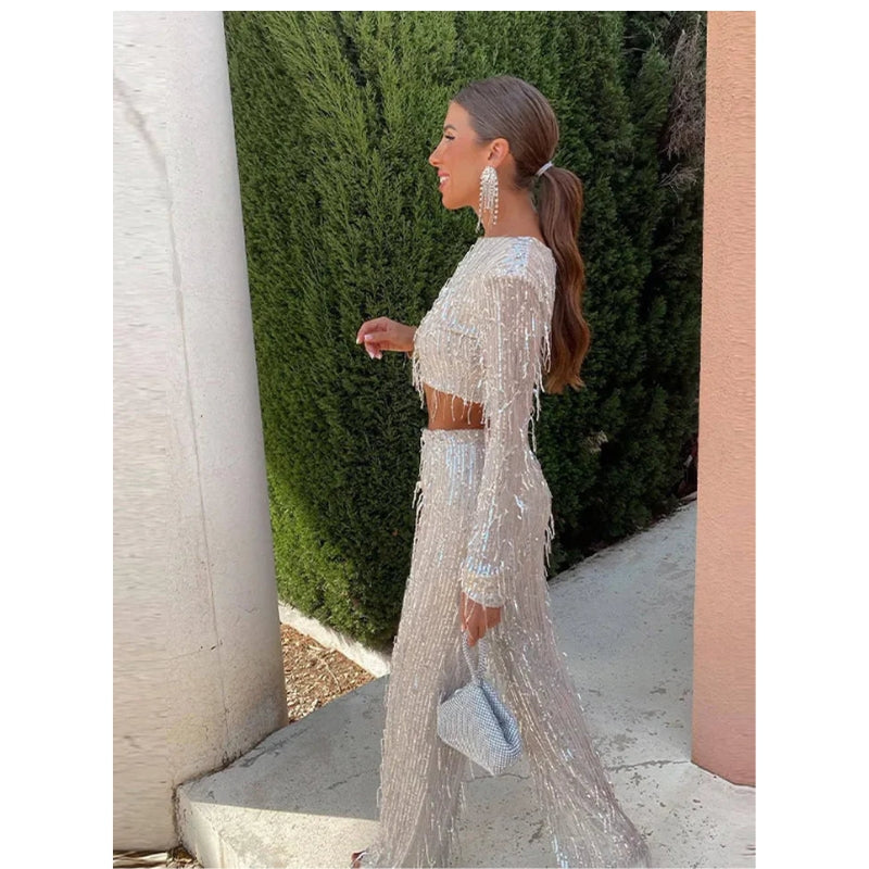 Tenue Femme Élégante Haut Court et Pantalon Slim