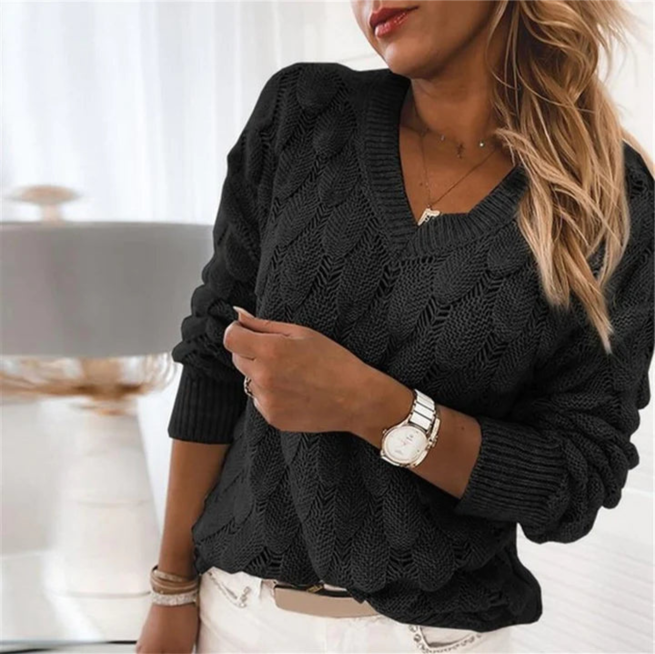 Pull Femme Élégant Gris Col V Manches Longues