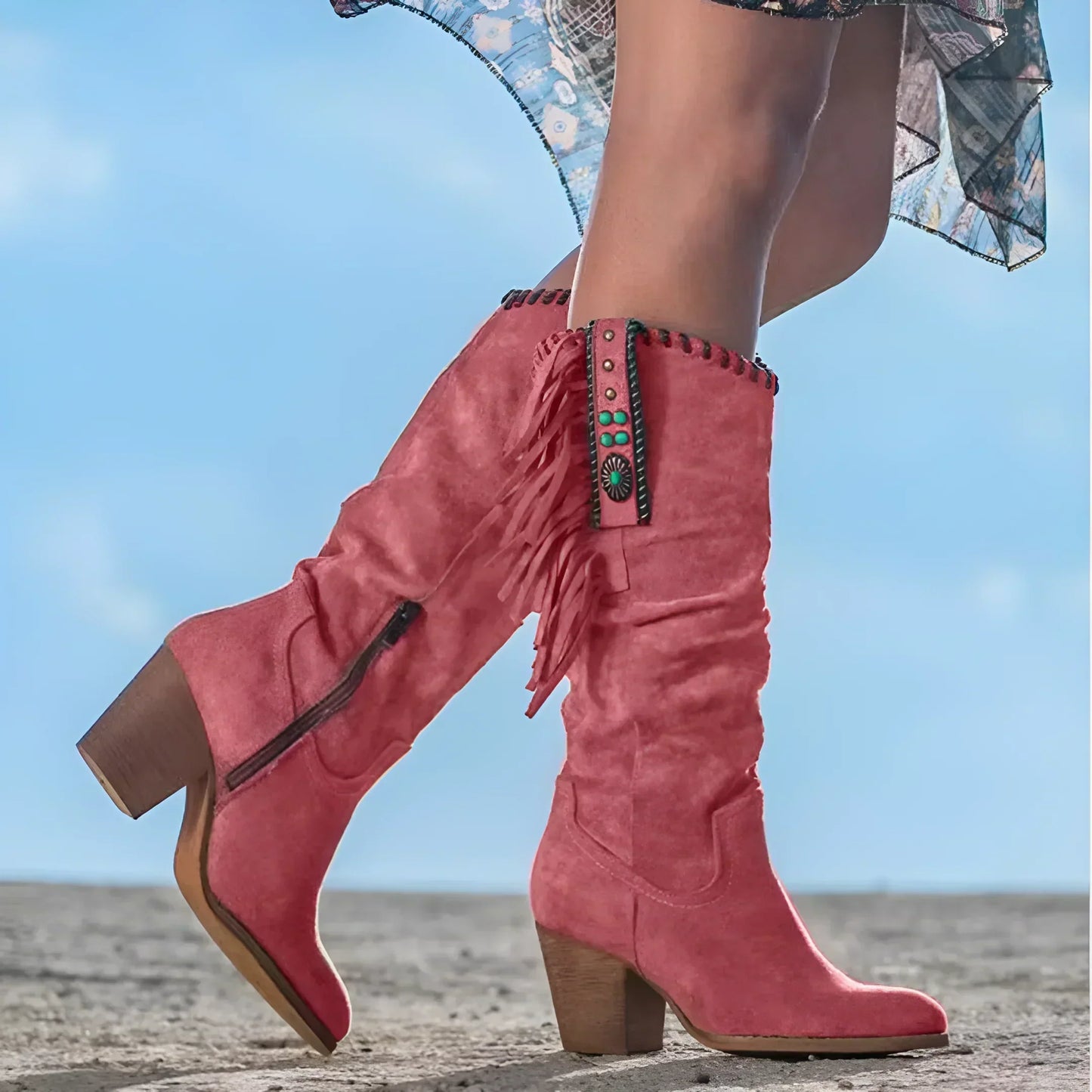 Bottes Femmes Western en Cuir Authentique avec Franges & Talon Bloc