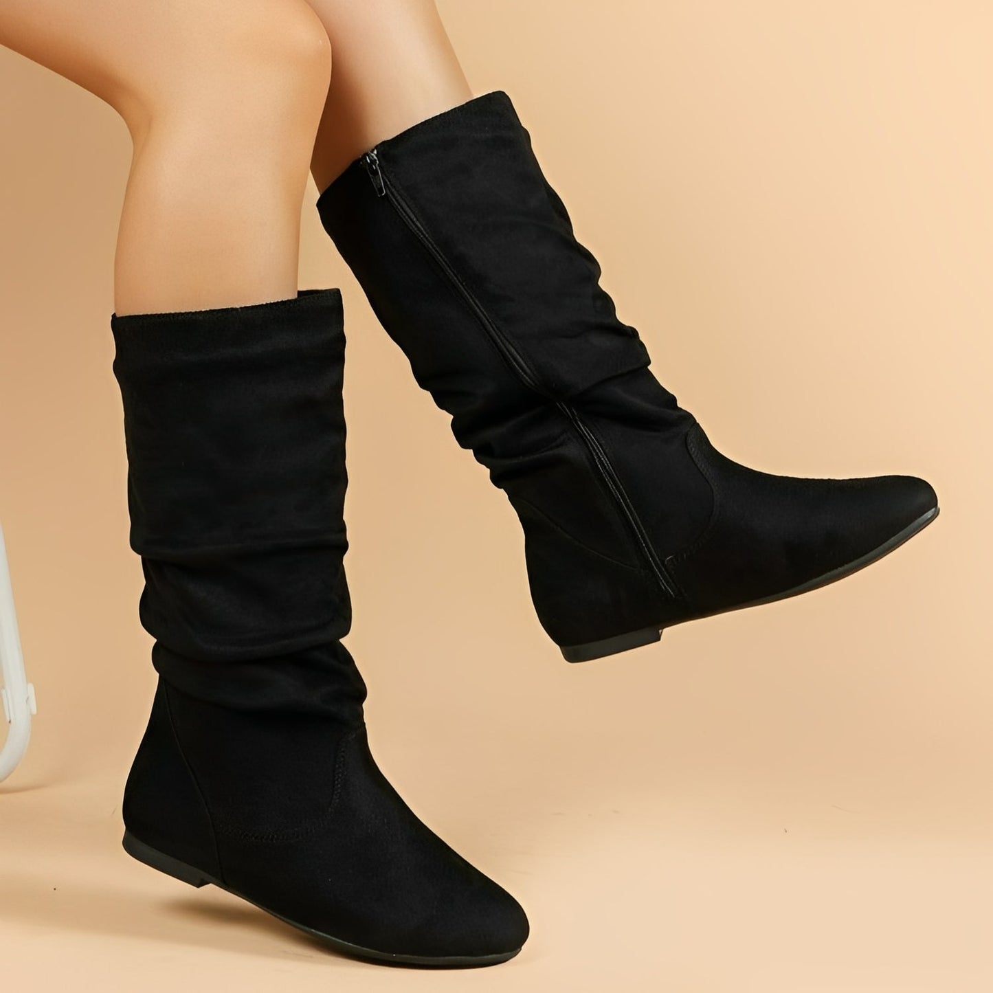 Bottes Femmes Mi-Mollet Plates À Fermeture Éclair Latéral