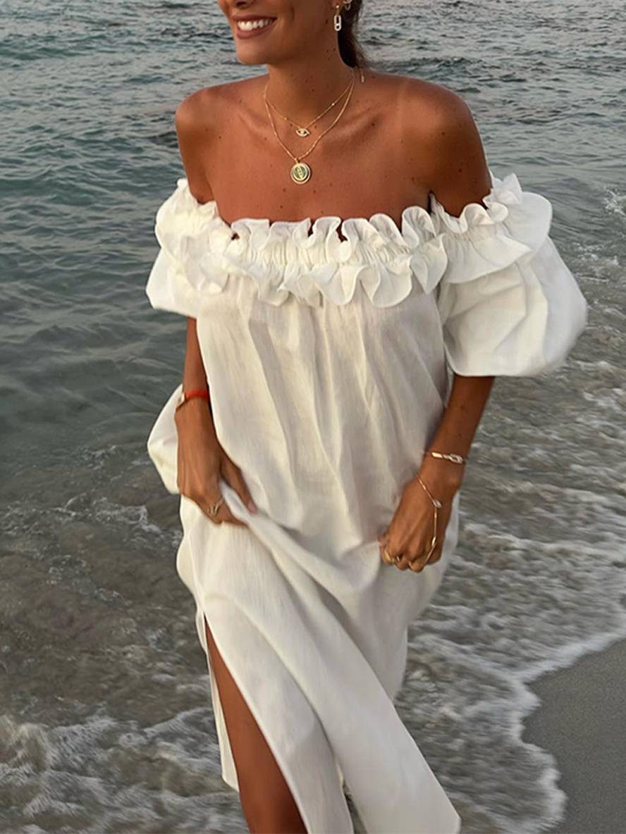 Robe Femme Élégante – Robe Longue Détendue avec Col Rond, Manches Amples & Décolleté Séducteur - LuxeStyle