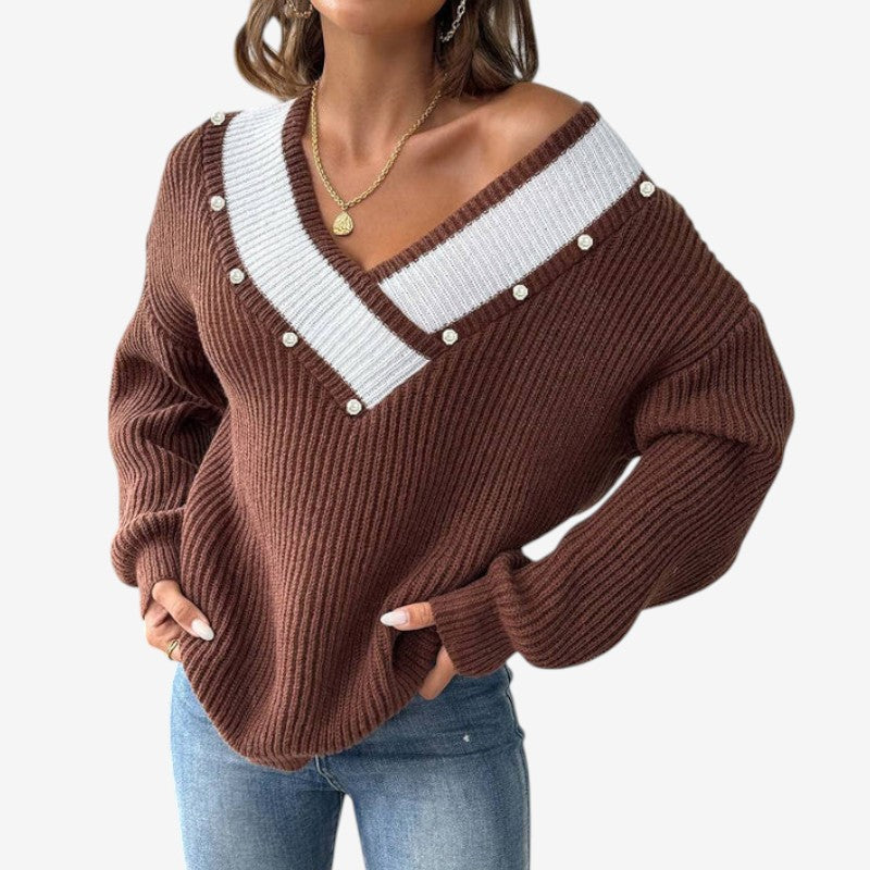 Pull femme décontracté à col V et manches longues