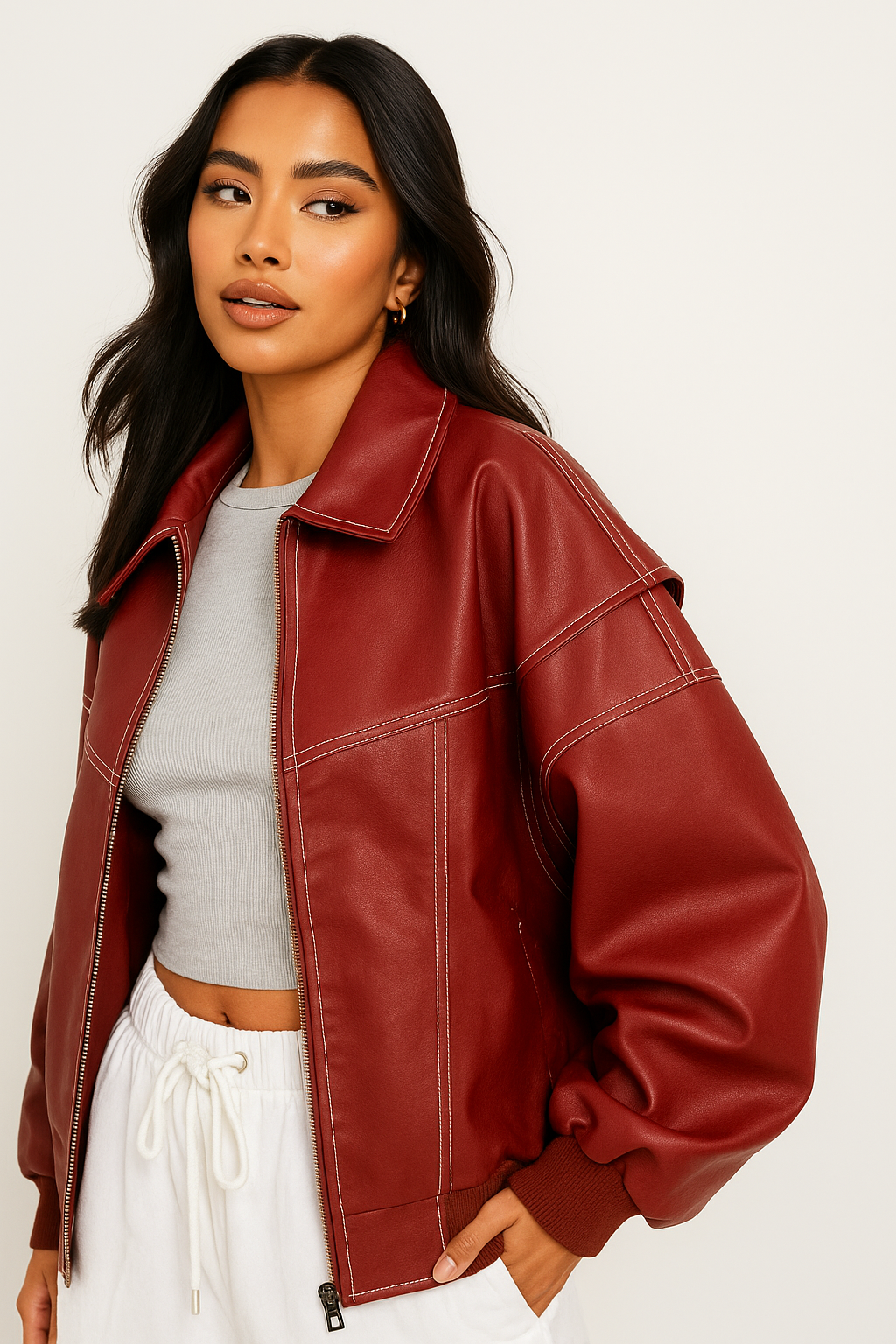 Veste Cuir Rouge Féminine Oversize - Blouson Chic et Doux - LuxeStyle