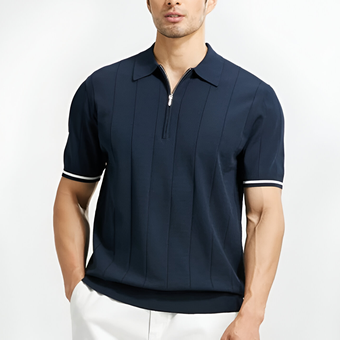 Polo Homme Manches Courtes Zippé Rayé pour Tous les Jours