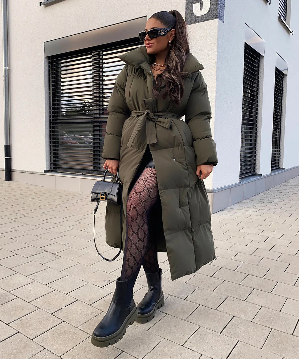 Manteau femme long doublé noir élégant ceinturé
