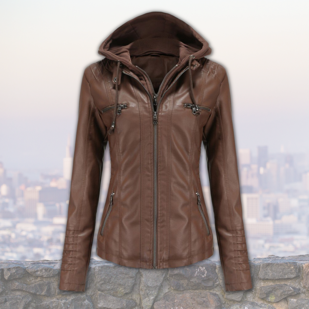 Veste Cuir Féminine Chic avec Capuche et Poches