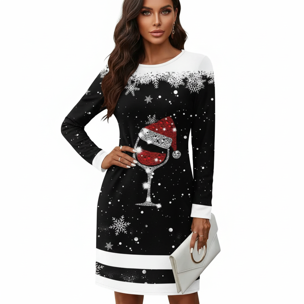Robe de Fête Hiver Femme – Robe Colorée avec Père Noël & Verre de Vin - LuxeStyle