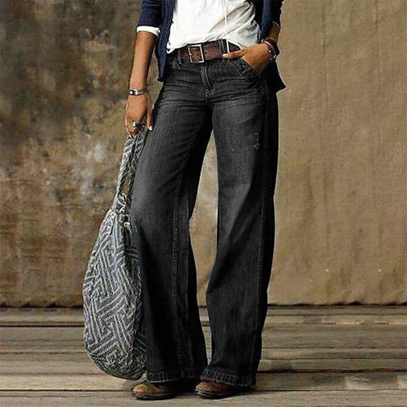 Pantalon femme large confort bleu avec poches décoratives