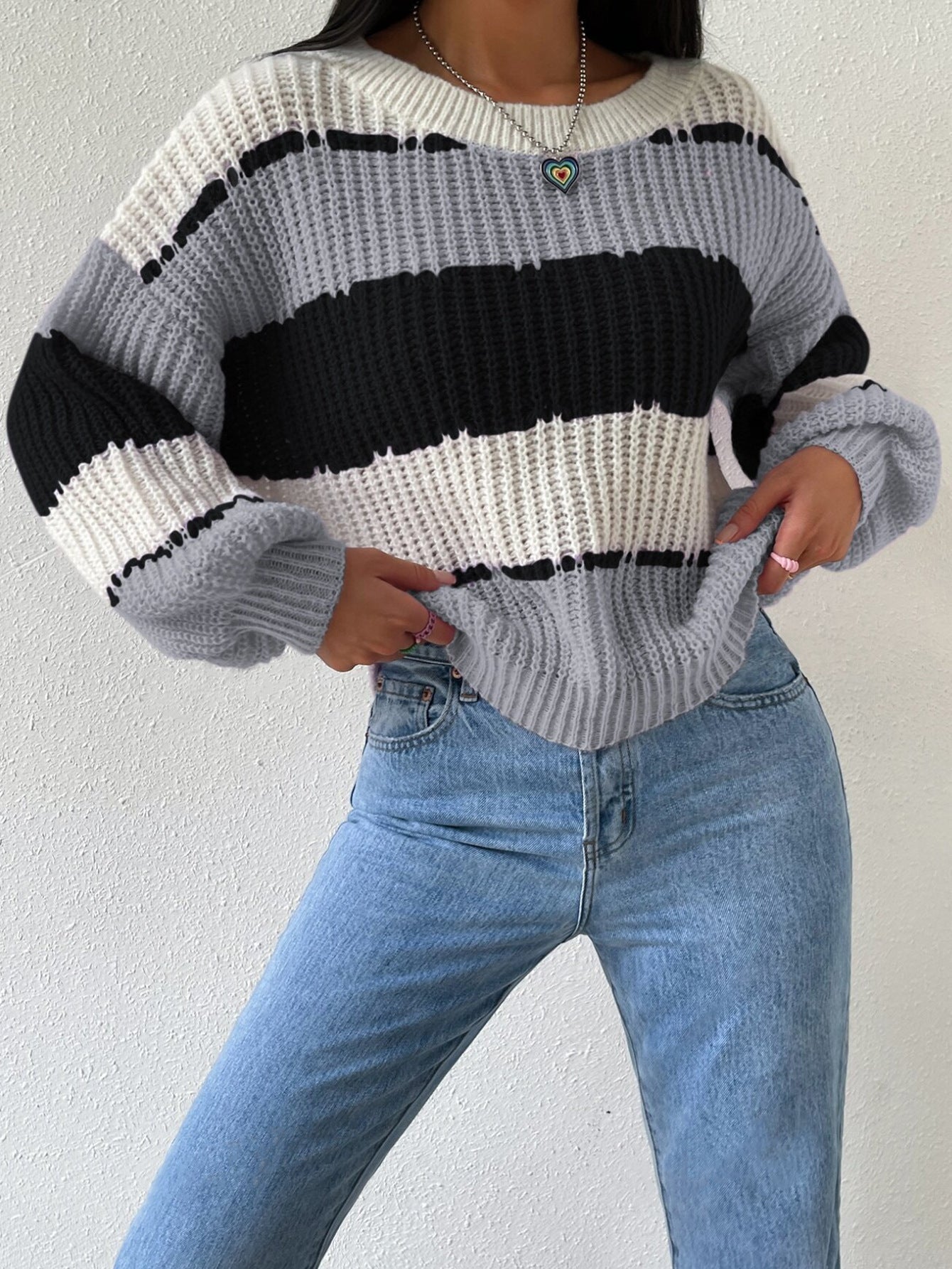 Pull Femme Rayé Fuchsia et Blanc Chaud