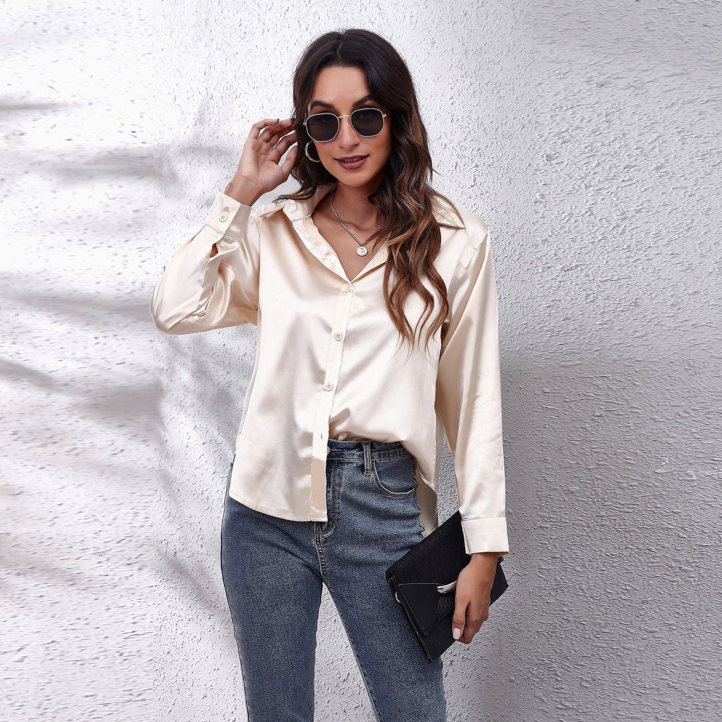 Chemisier Femme Manches Longues Col Boutonné Satin