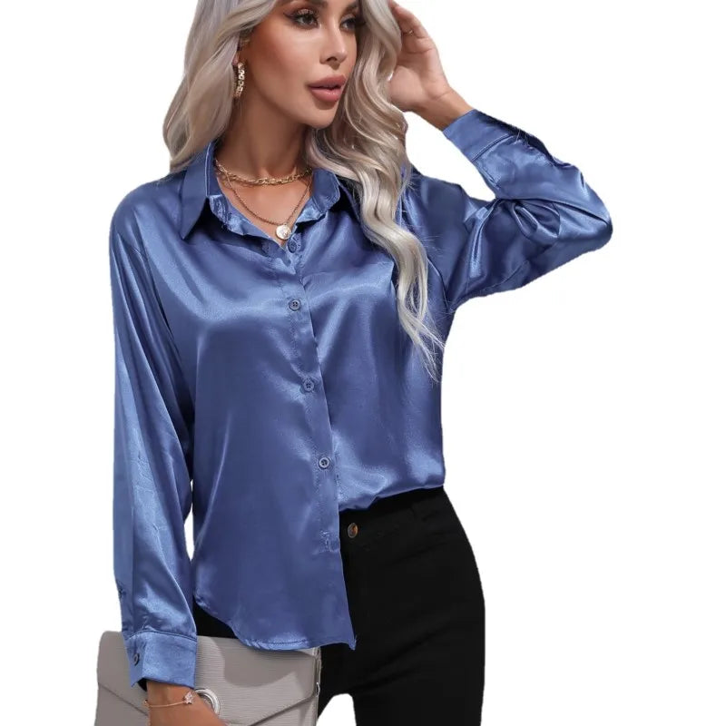 Blouse Femme Luxe en Satin – Chemisier Chic à Manches Longues Brillant