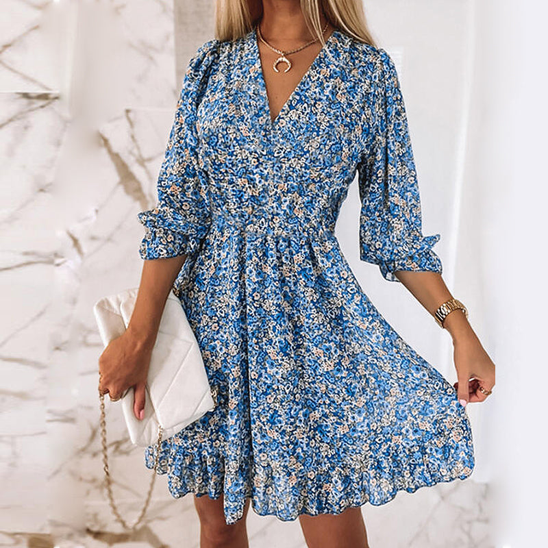 Robe Florale Élégante Manches Bouffon pour Femme