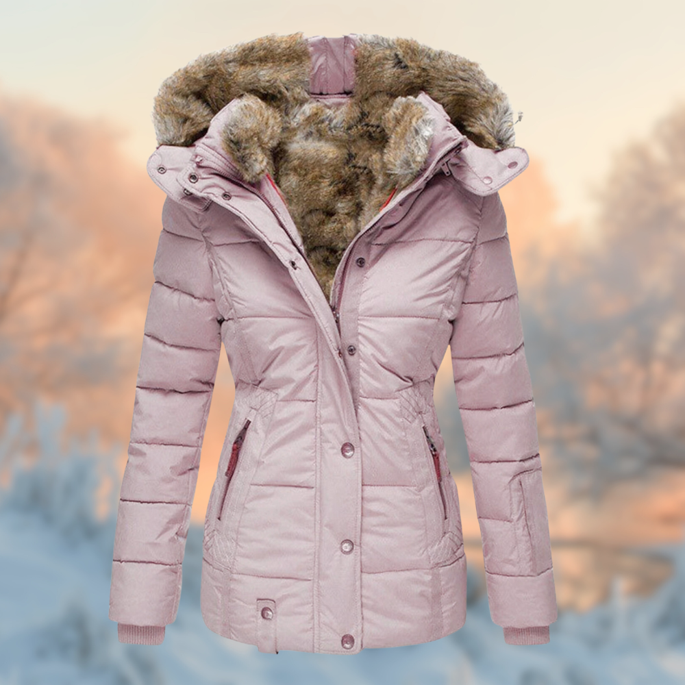 Veste Hiver Élégante Capuche Fourrure Synthétique Beige