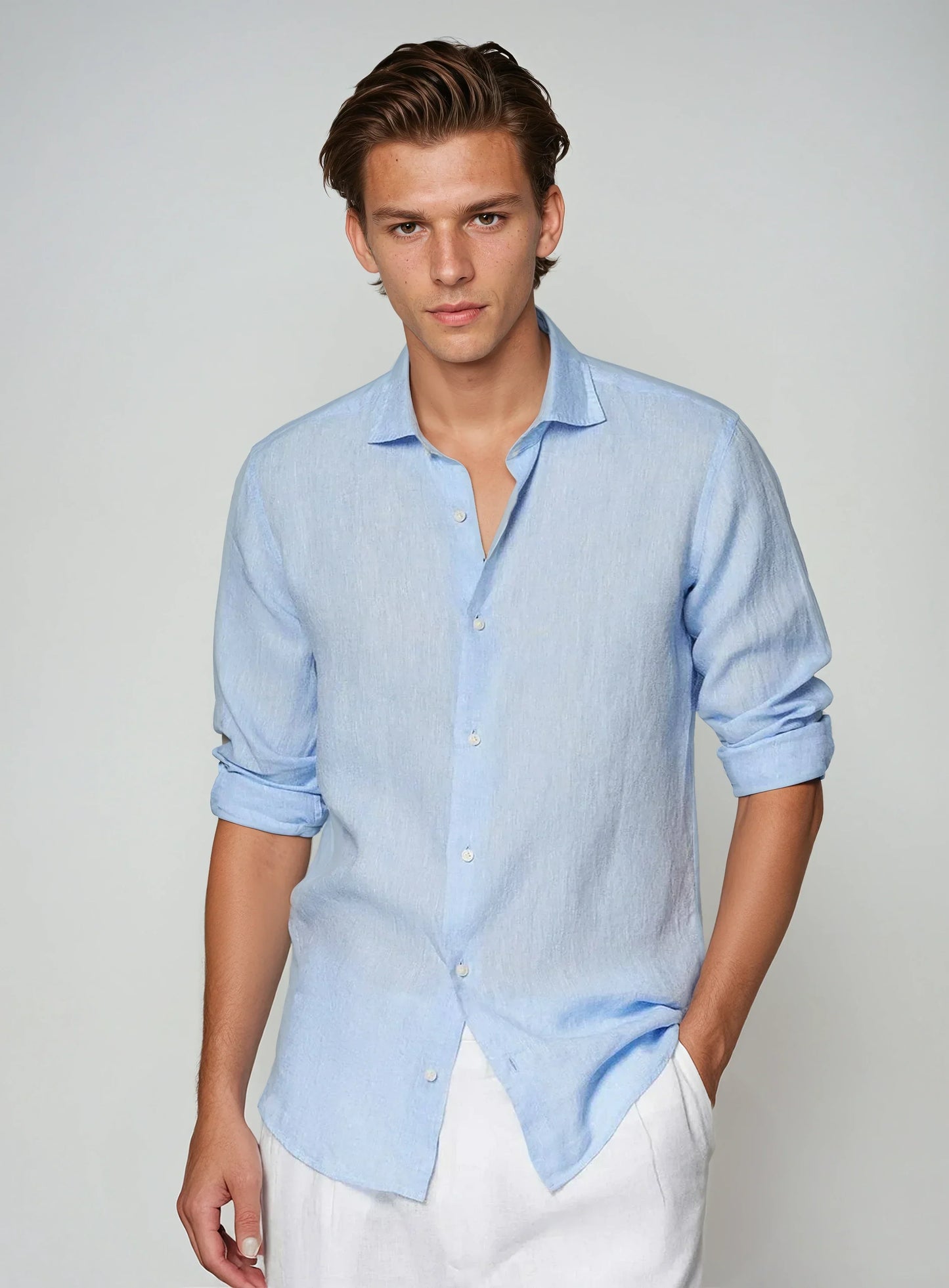 Chemise Homme Lin Élégant Manches Longues Bleu Ciel - LuxeStyle