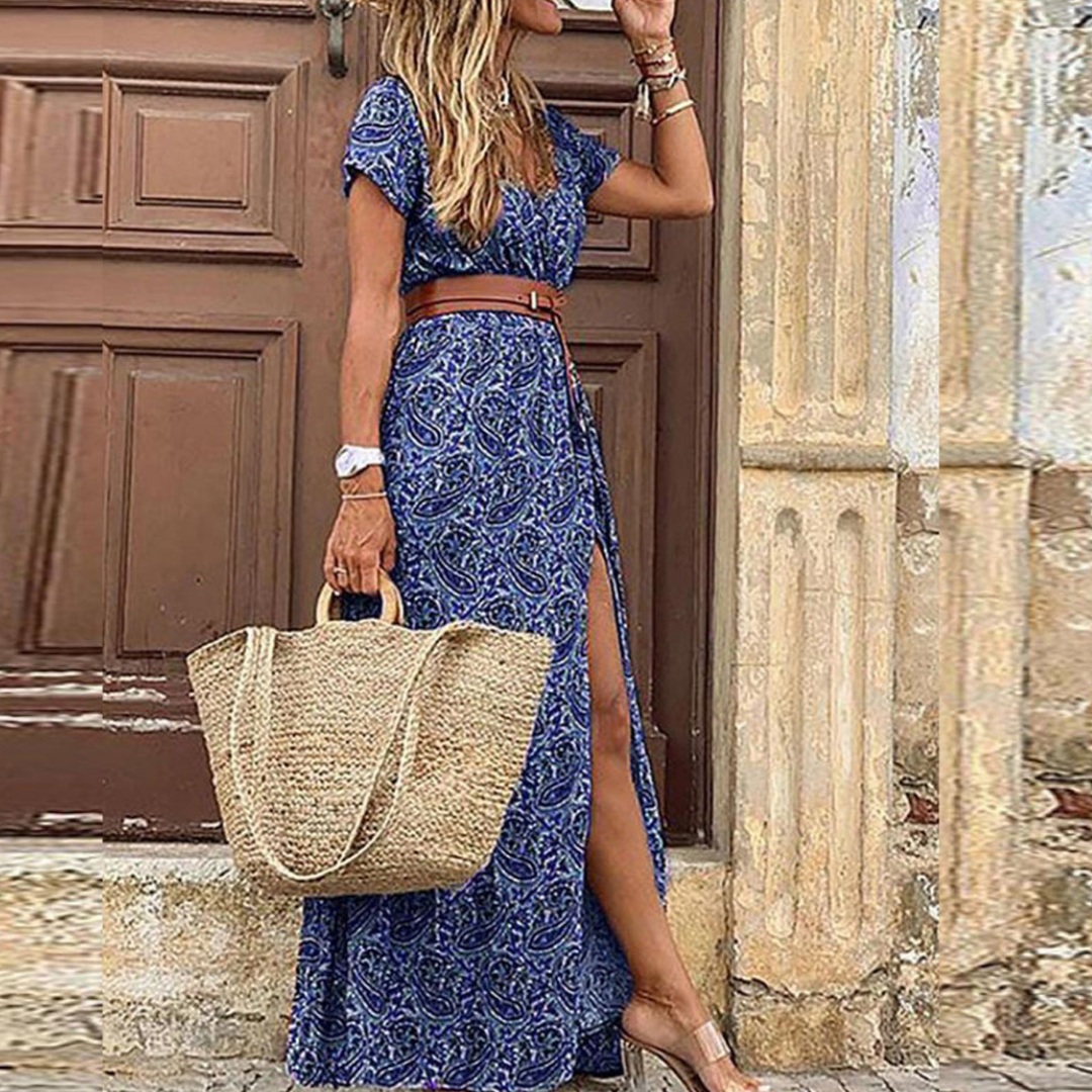 Robe Femme Élégante Longue – Robe Boho Chic à Manches Courtes avec Ceinture