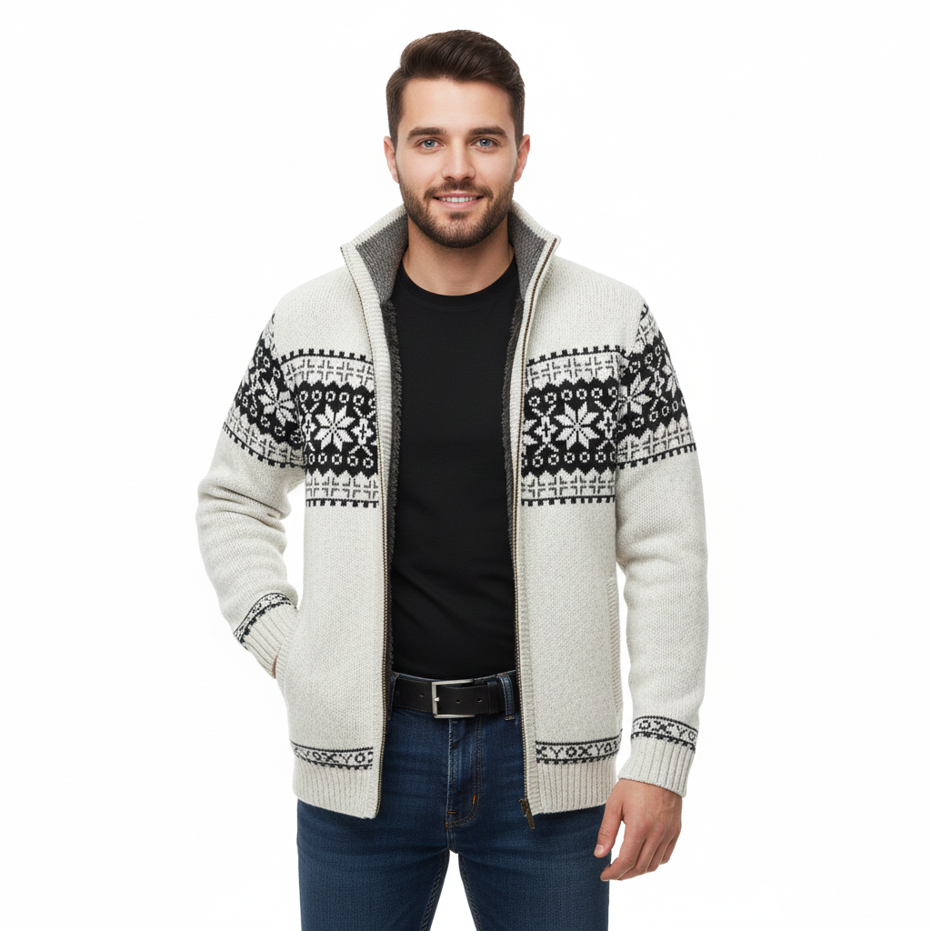 Gilet Polaire Homme Élégant – Veste Hiver à Capuchon & Imprimé Nordique