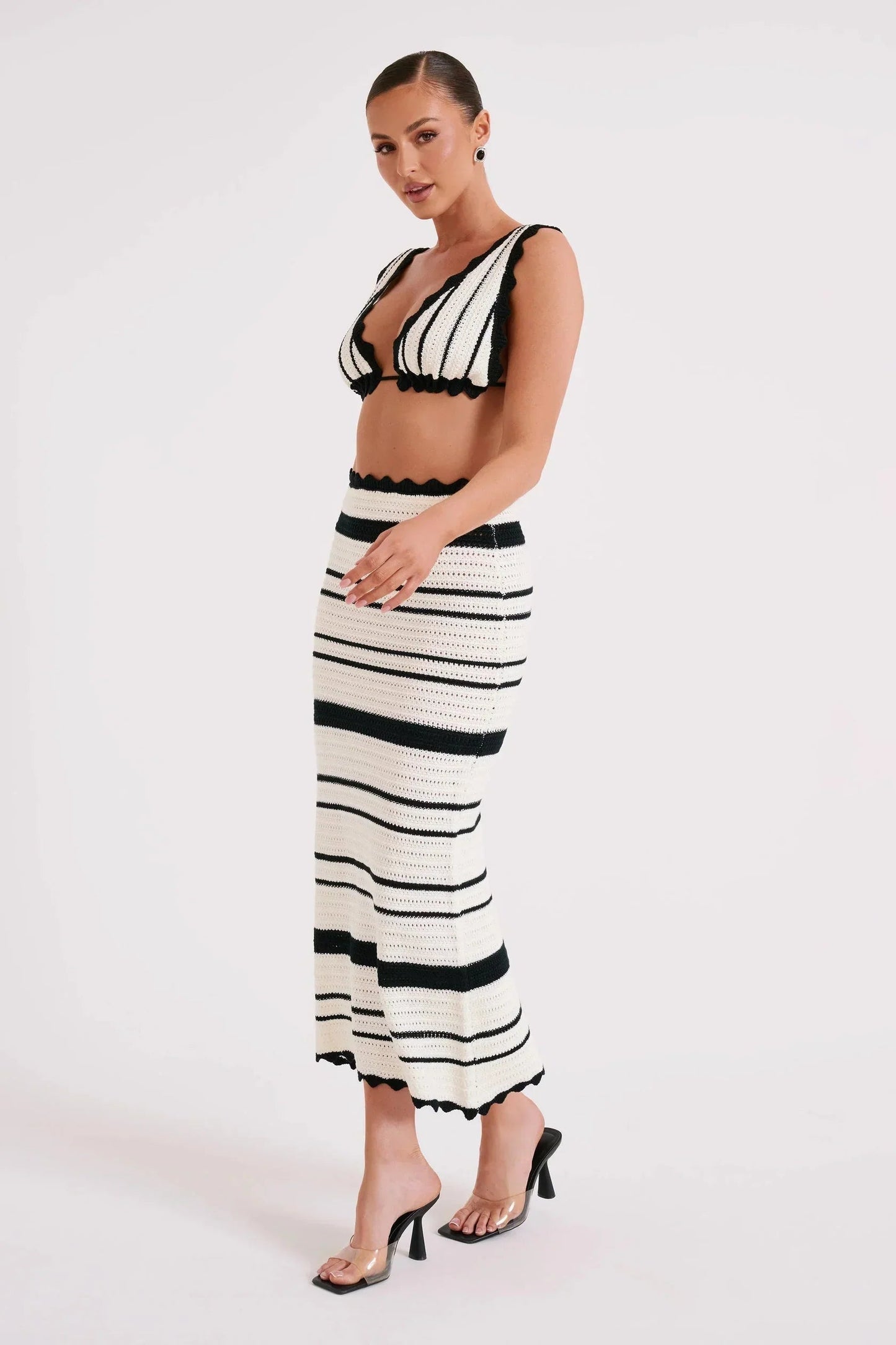 Robe Femme Élégante Haut Court Jupe Mi-Mollet