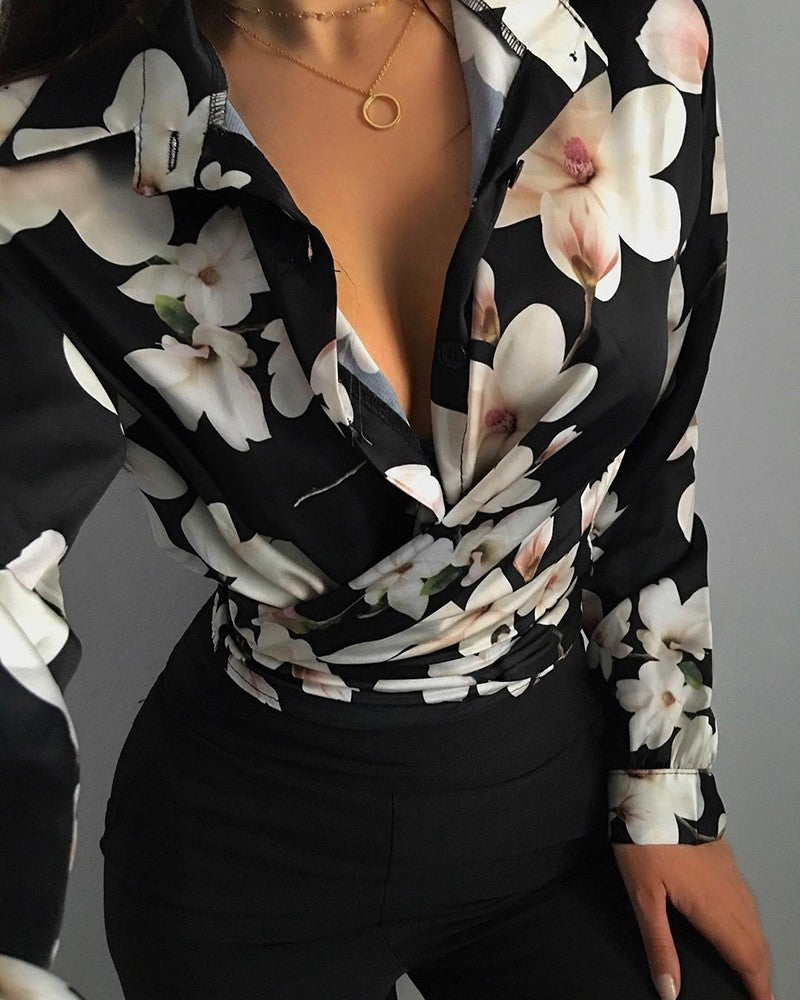 Chemisier femme élégant fleuri, manches longues