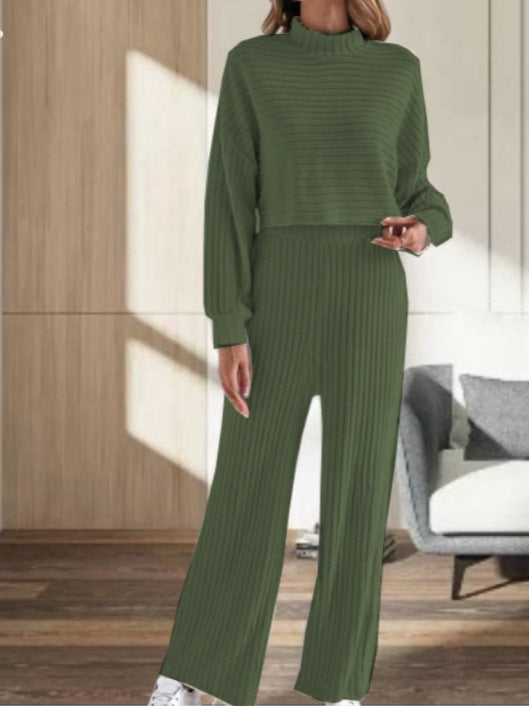 Ensemble Femme Élégant - Maille Col Montant & Pantalon Large Taille Élevée