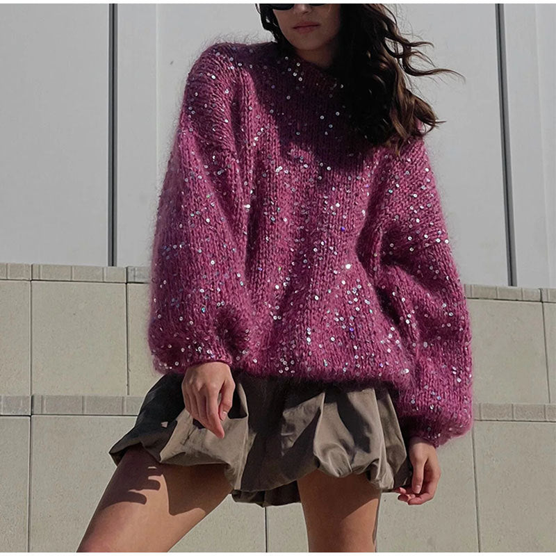 Pull Femme Hiver Élégant à Paillettes et Manches Longues
