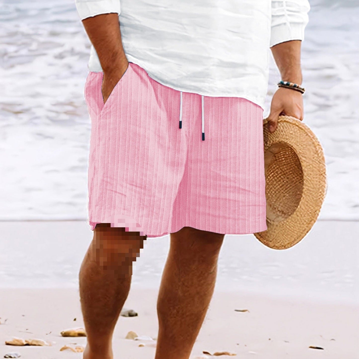 Short de Bain Blanc Rayé Élastique pour Homme