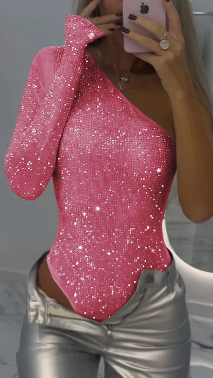 Body Glamour Argent Pailleté Manches Longues