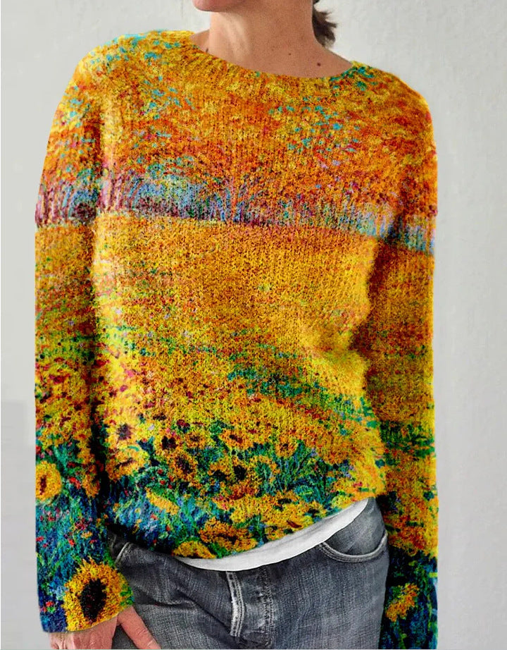 Pull Femme Hiver Laine Bleu Marine Florale