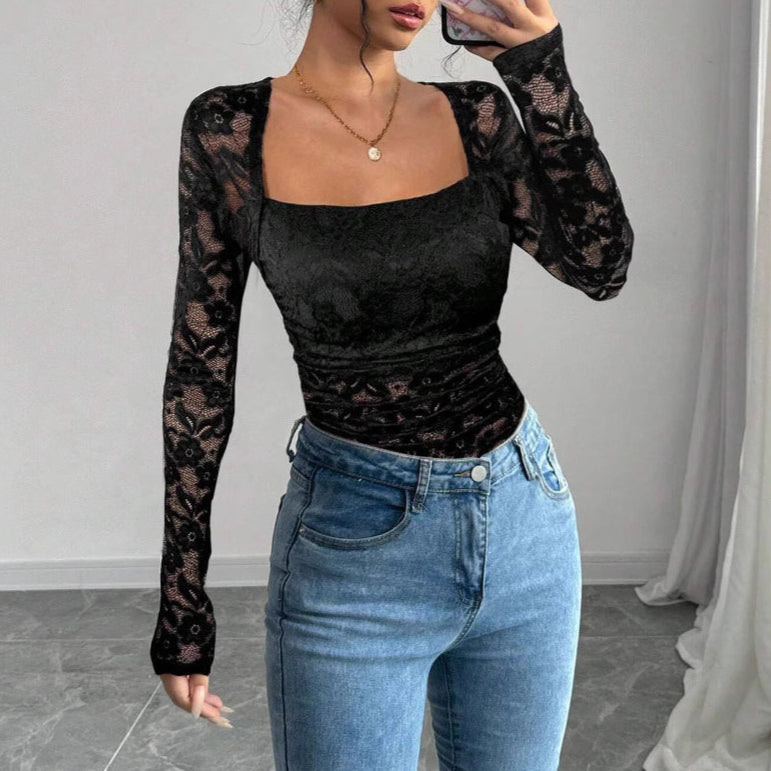 Top féminin dentelle noir élégant manches longues - LuxeStyle