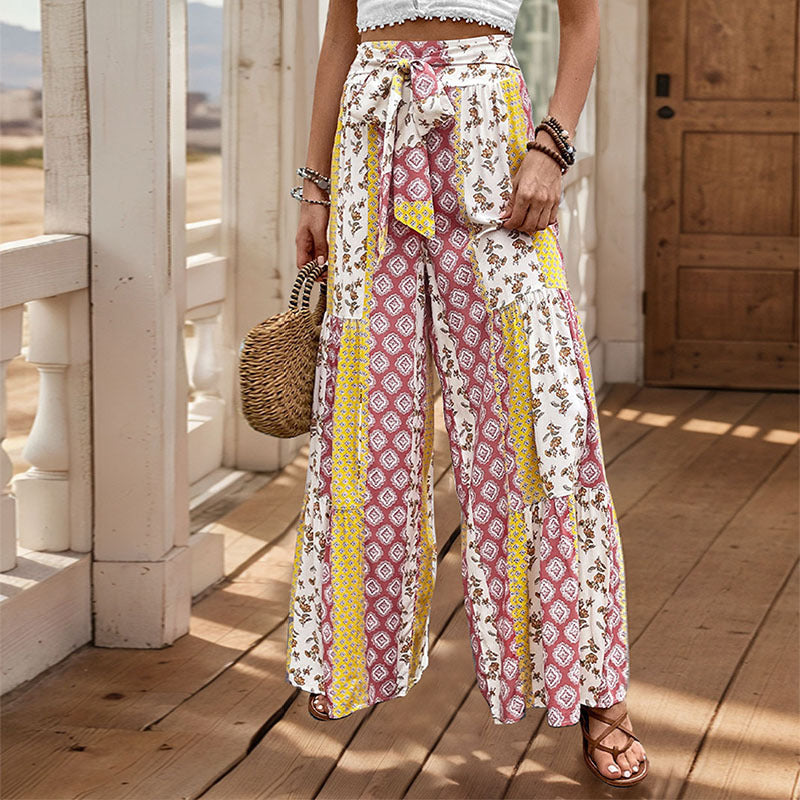 Pantalon femme décontracté imprimé fleuri taille haute