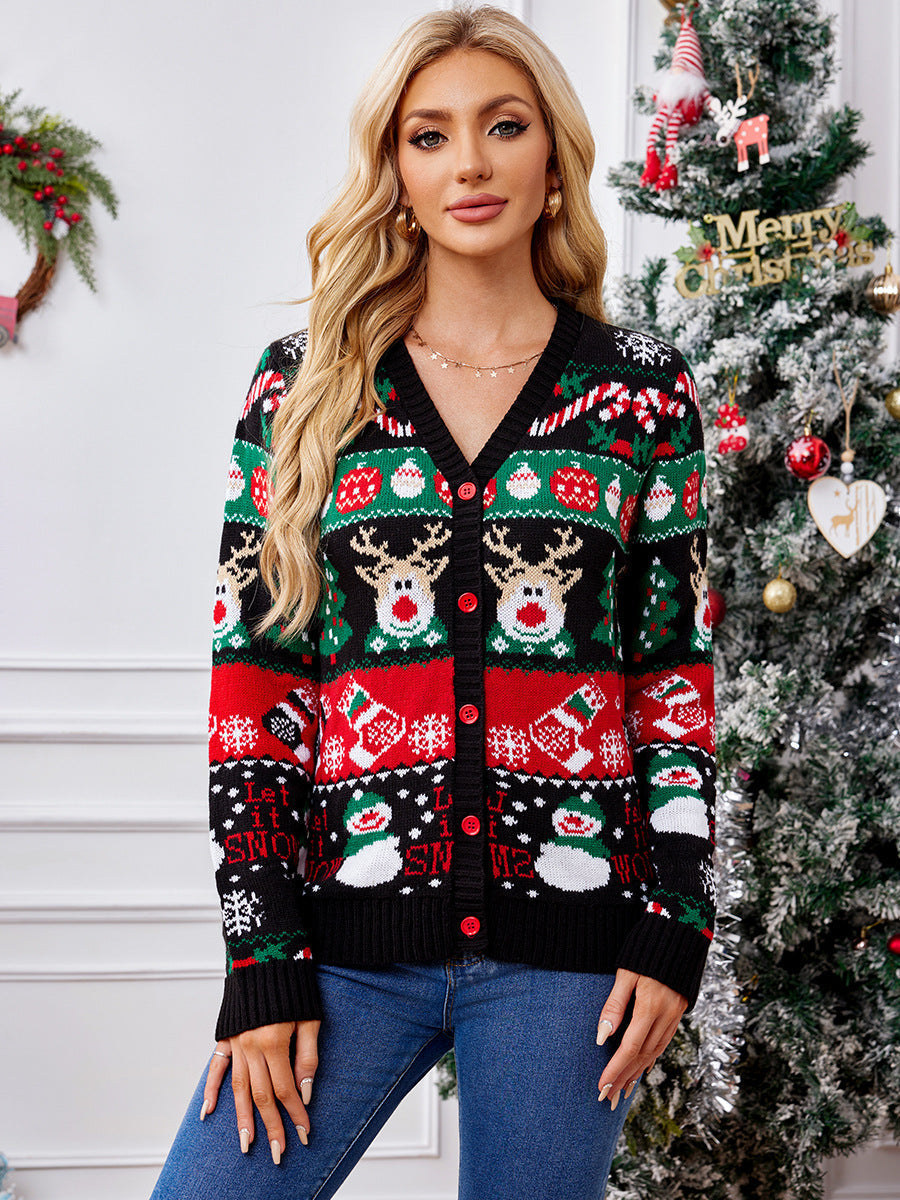 Gilet Femme Hiver Tricoté – Cardigan Chic Col V avec Boutons & Motifs Neige