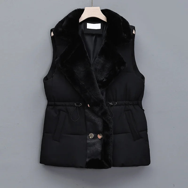 Gilet Douillet Col Fourrure Artificielle pour Femme Hiver