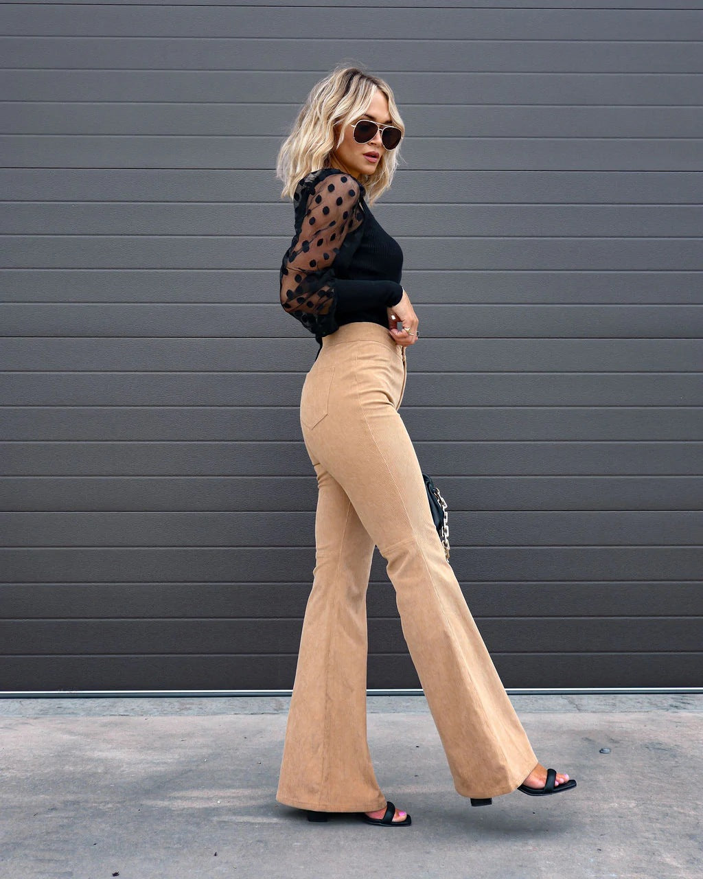 Pantalon large taille haute femme orange vif