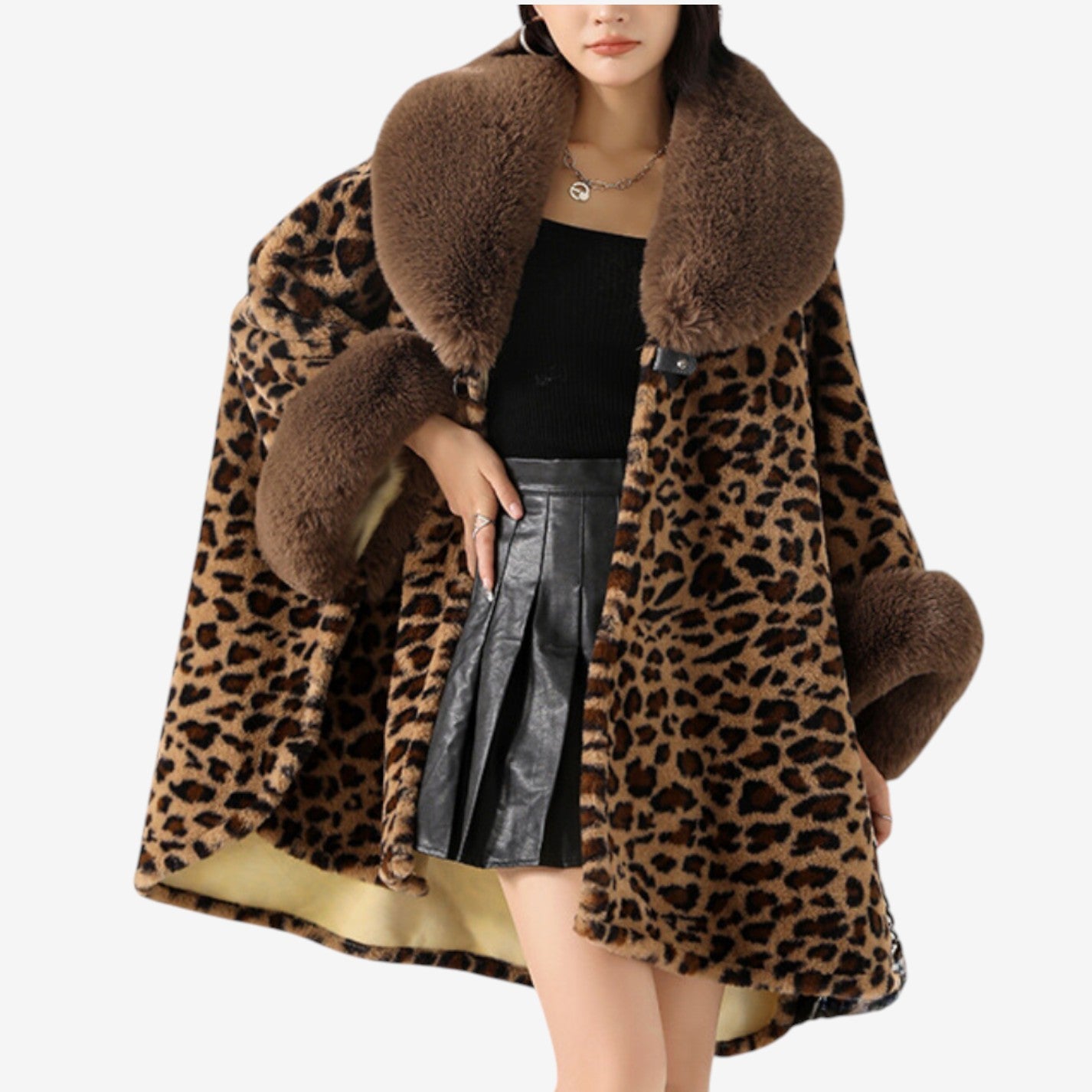 Cardigan Élégant à Manches Longues avec Col en Fourrure Synthétique