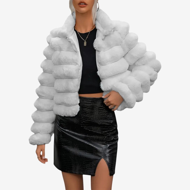 Veste Fausse Fourrure Élégante avec Col Montant et Manches Longues