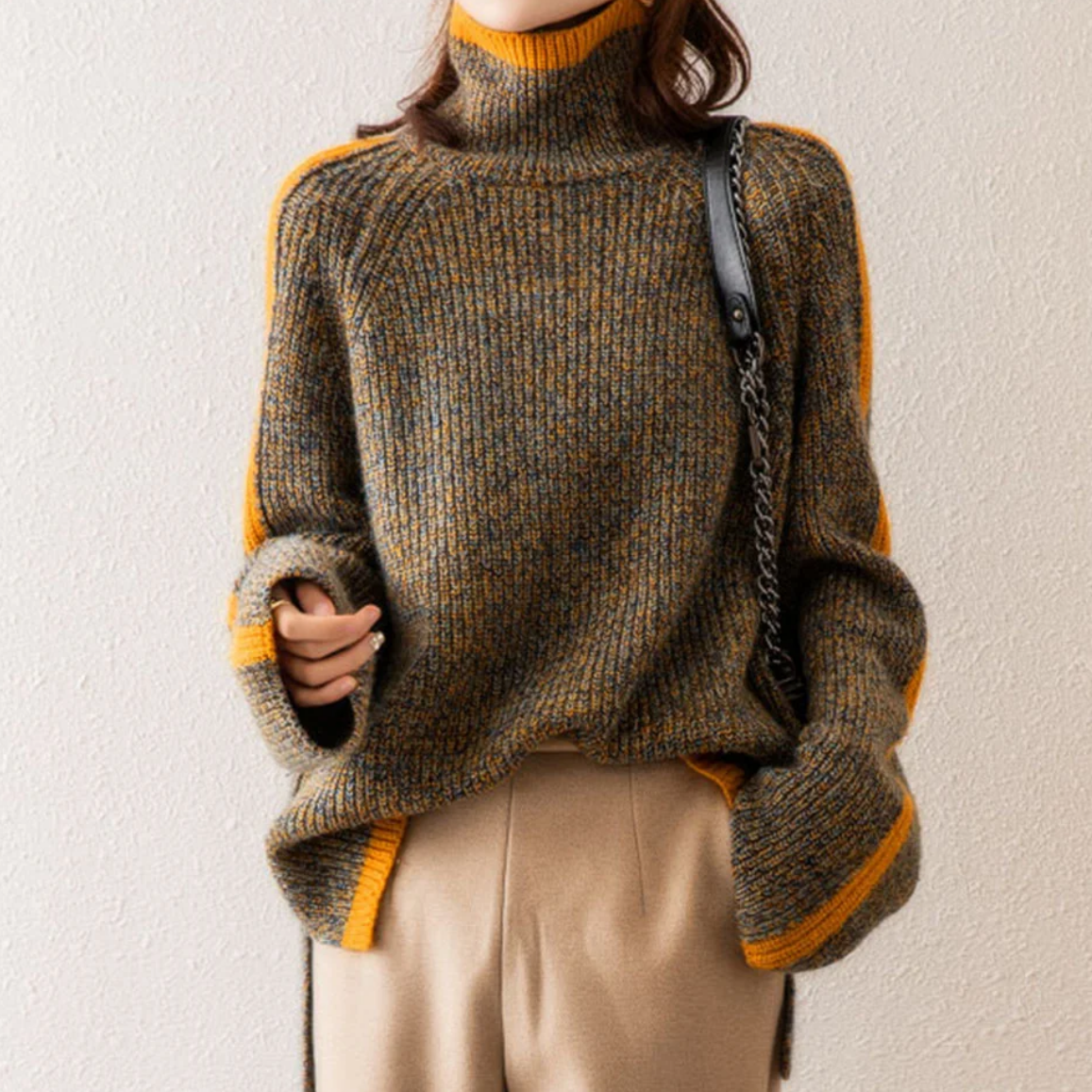 Pull Femme Laine Mérinos Col Roulé Rayures Douces